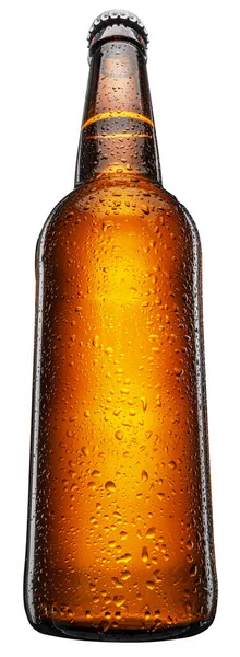 Butelka Zimnego Piwa Kondensacją Białym Tle Plik Zawiera Ścieżkę Wycinania — Zdjęcie stockowe
