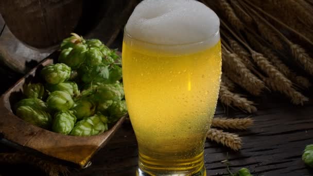 クラフトビールのグラスでは ビールの泡がバックライトで再生され 熟したビールホップ 大麦の耳とバックグラウンドでホームブルワリーの精神 — ストック動画