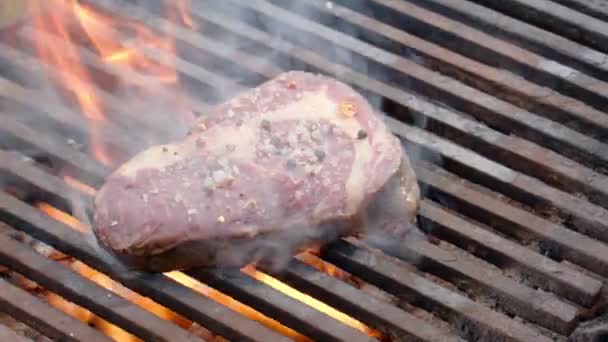 Steak Žebírka Kořením Grilovacím Roštu Hořícím Ohněm Zpomal Otáčení Kamery — Stock video