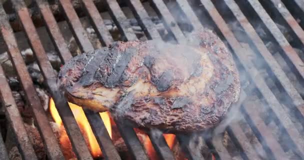 在烤肉烤架上 用火把烤着 用调料烤着的眼圈冒着热气 相机旋转缓慢 — 图库视频影像