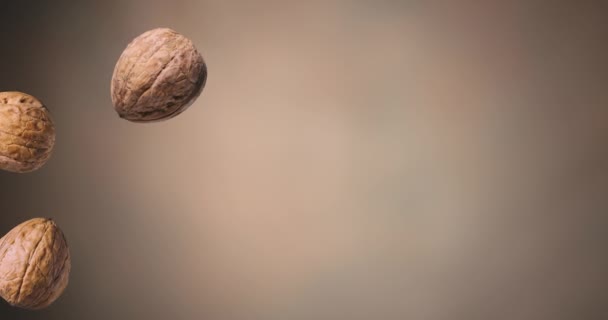 Several Walnuts Slowly Flying Light Brown Background — Stock Video