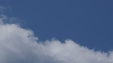 Yakın plan 4K hızlandırılmış mavi güneşli gökyüzünde beyaz büyük bulutların videosu. Yaz mavi bulutlu gökyüzü zaman atlaması. Bulutların arasında bir uçak uçurmanın etkisi.