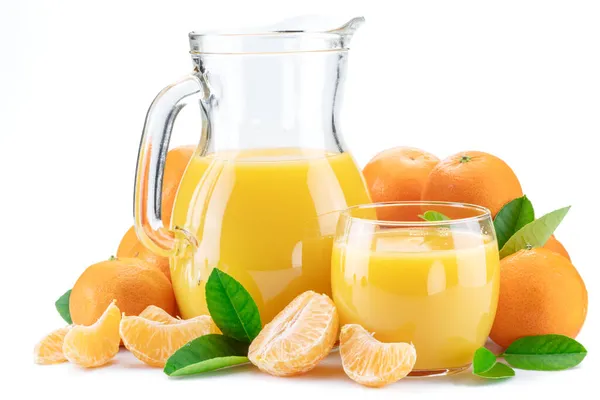 Pomarańczowe Owoce Mandarynki Świeży Sok Mandarynkowy Izolowane Białym Tle — Zdjęcie stockowe