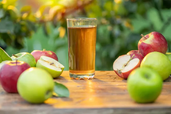 Čerstvý Jablečný Džus Jablka Dřevěném Stole Letní Zahradě Sadu — Stock fotografie