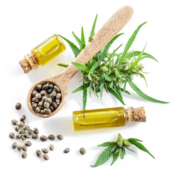 Cannabis Seeds Wooden Spoon Bottles Hemp Oil Isolated White Background — Stock Photo, Image