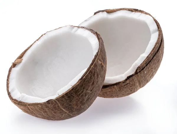 Kokosnoot Gesplitst Fruit Met Wit Zoet Vlees Geïsoleerd Witte Achtergrond — Stockfoto