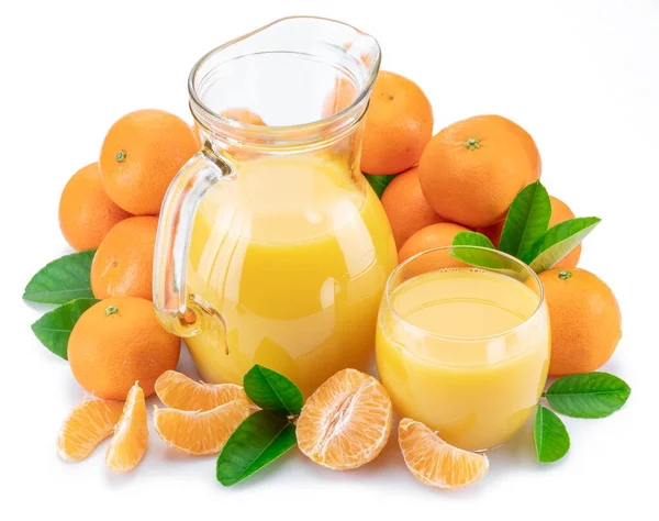 Sinaasappelmandarijnen Vers Mandarijnensap Geïsoleerd Witte Achtergrond Bovenaanzicht — Stockfoto