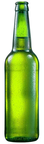 Botella Verde Abierta Cerveza Fría Con Condensación Aislada Sobre Fondo —  Fotos de Stock