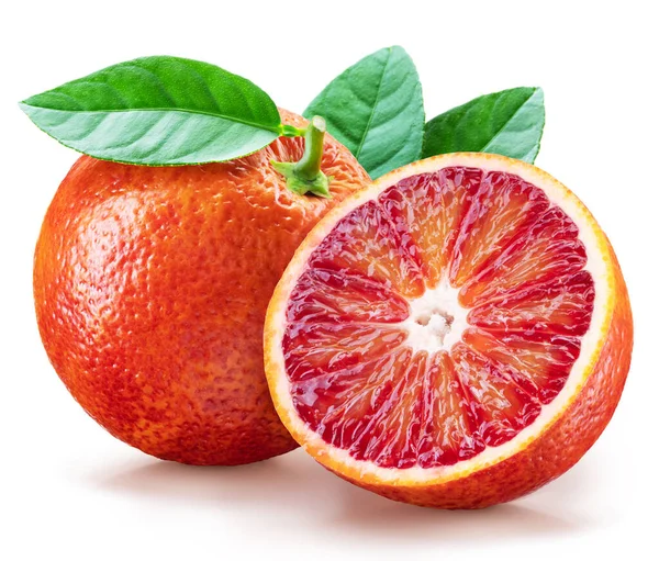 Rote Orange Mit Grünem Blatt Und Orangenscheibe Auf Weißem Hintergrund — Stockfoto