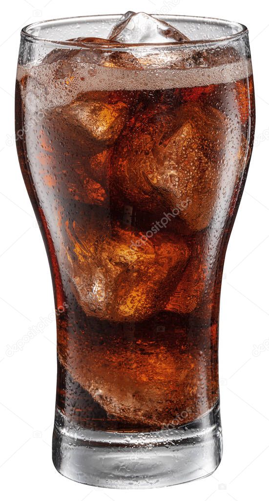 Cold glass of cola drink with ice cubes isolated on white background. File contains clipping path.