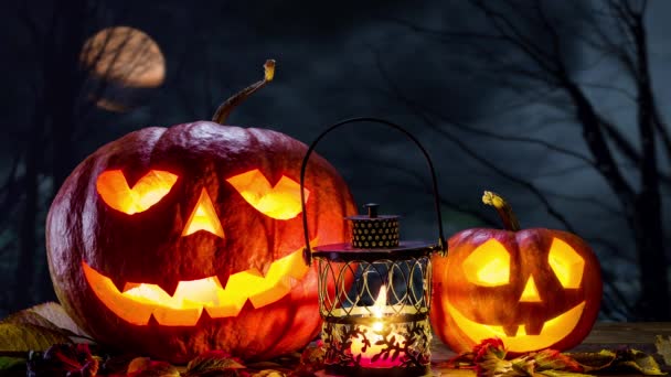 Tema Halloween Con Calabazas Brillantes Bosque Oscuro Otoño Con Vela — Vídeo de stock
