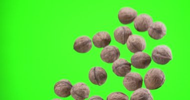 Birkaç ceviz yavaşça yükselir ve yeşil arka plan üzerine düşer (kroma anahtarı). Yavaş çekim 300 fps.