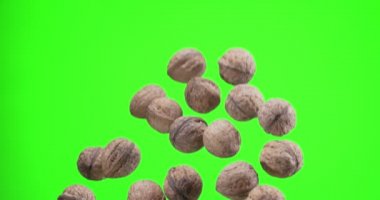 Birkaç ceviz yavaşça yükselir ve yeşil arka plan üzerine düşer (kroma anahtarı). Yavaş çekim 300 fps.