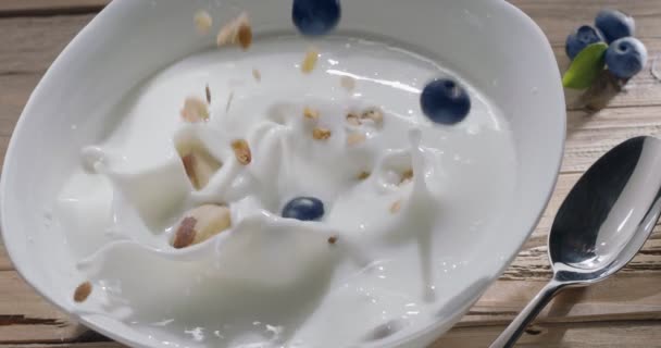 在黎明时分 带有新鲜蓝莓的谷类早餐 慢慢地落在盘子里的酸奶里 300Fps — 图库视频影像