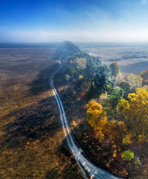 Estrada Que Passa Entre Campos Outono Cintos Florestais Vista Aérea — Fotografia de Stock