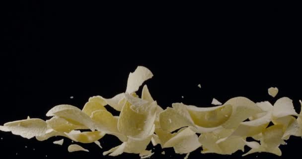 Natural Potato Chips Rise Fall Black Background Slow Motion 300 — Stock Video