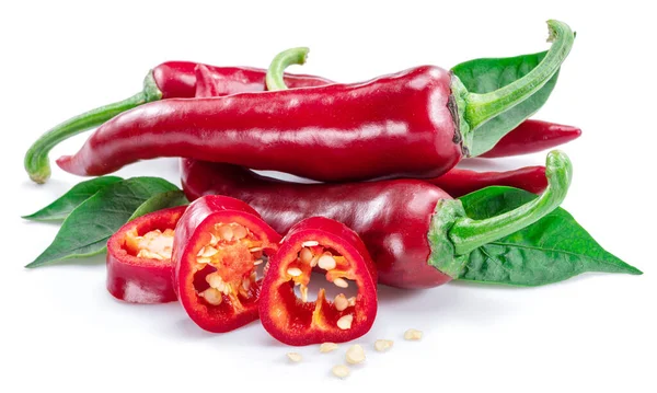 Fresh red chilli pepper and cross sections of chilli pepper with seeds isolated on white background.