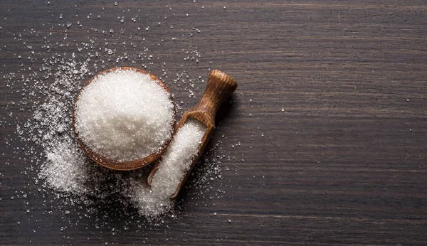 White Refined Sugar Wooden Bowl Spoon Dark Wooden Table — Stock Photo, Image