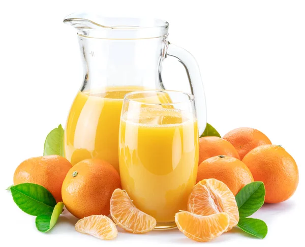 Orangene Mandarinenfrüchte Und Frischer Mandarinensaft Isoliert Auf Weißem Hintergrund — Stockfoto