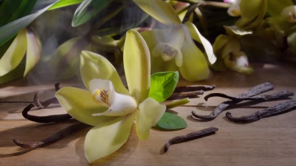 Цветок Ванильной Орхидеи Ванильными Палочками Старинном Деревянном Столе Зелеными Листьями — стоковое видео