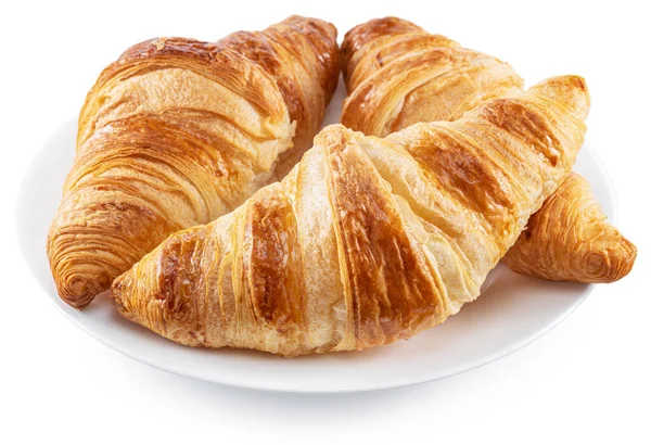 Finom Kérges Croissant Tányéron Fehér Alapon Fájl Tartalmaz Nyírás Útvonal — Stock Fotó