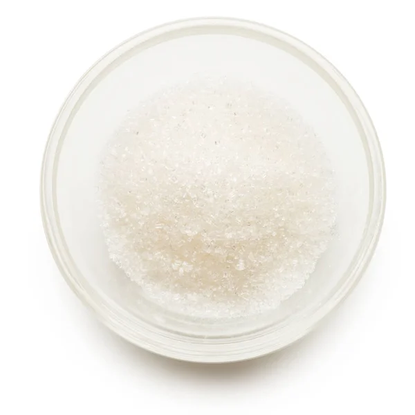 Ζάχαρη Κρυσταλλική Στο Γυάλινο Μπολ Στο Λευκό Φόντο Άνω Όψη — Φωτογραφία Αρχείου