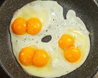 Kızartma tavasında yakın plan yumurta. Üst görünüm.