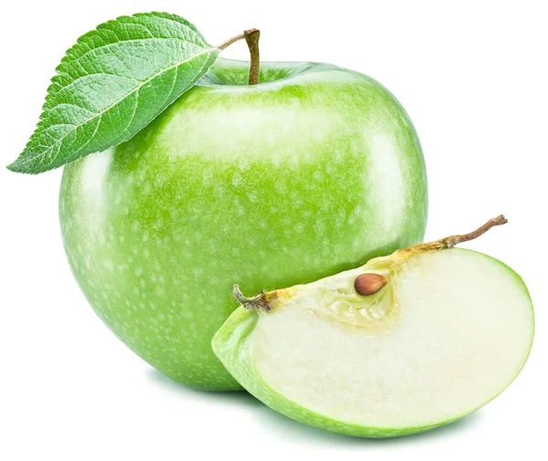 Perfekt Grön Äpple Frukt Och Äpple Skiva Isolerad Vit Bakgrund — Stockfoto