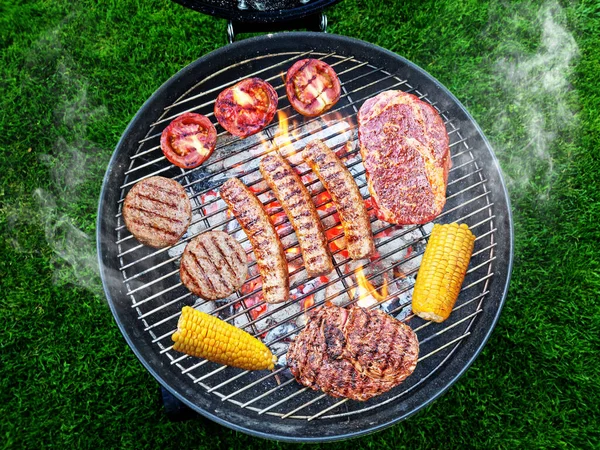Grilled Meat Sausages Vegetables Open Grill Grate Conceptual Photo Barbeque — Stock Photo, Image