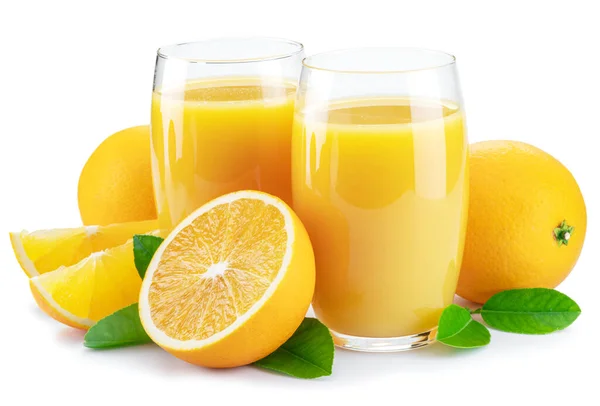 Жовті Апельсинові Фрукти Дві Склянки Свіжого Апельсинового Соку Ізольовані Білому — стокове фото