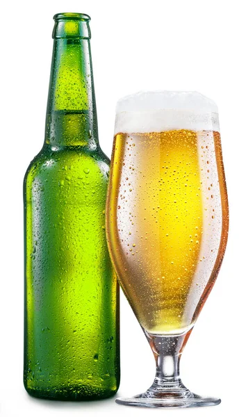 Bottle of cold light beer and glass of beer isolated on a white background. File contains clipping path.