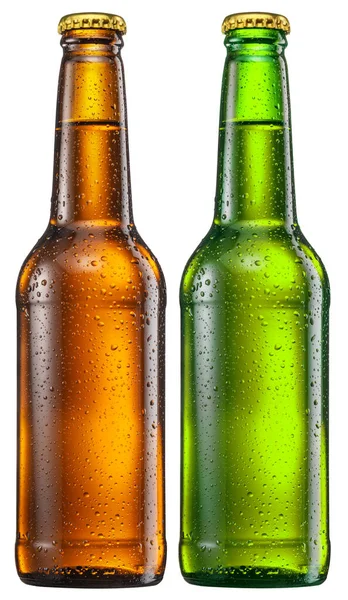 Duas Garrafas Cerveja Leve Isoladas Num Fundo Branco Arquivo Contém — Fotografia de Stock