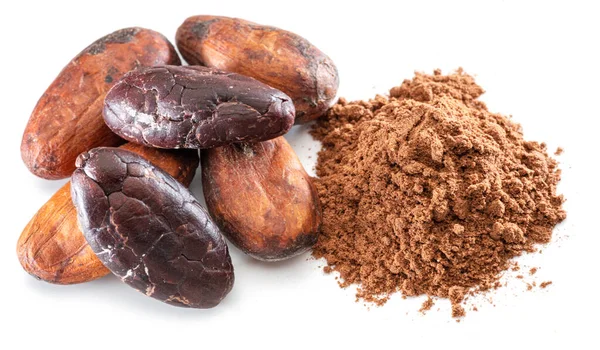 Fagioli Cacao Cacao Polvere Primo Piano Sfondo Bianco — Foto Stock