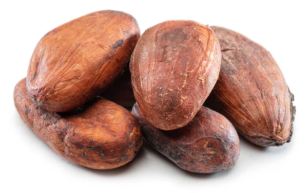 Fèves Cacao Gros Plan Sur Fond Blanc — Photo