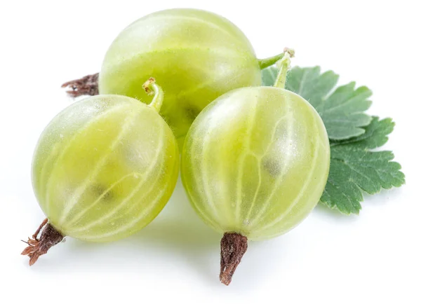 Three Green Ripe Gooseberries Leves White Background Close — Stock Photo, Image