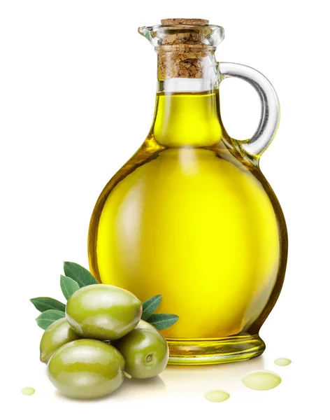 Egy Üveg Olívaolaj Zöld Olívabogyó Fehér Hátterű Levelekkel Közelkép — Stock Fotó