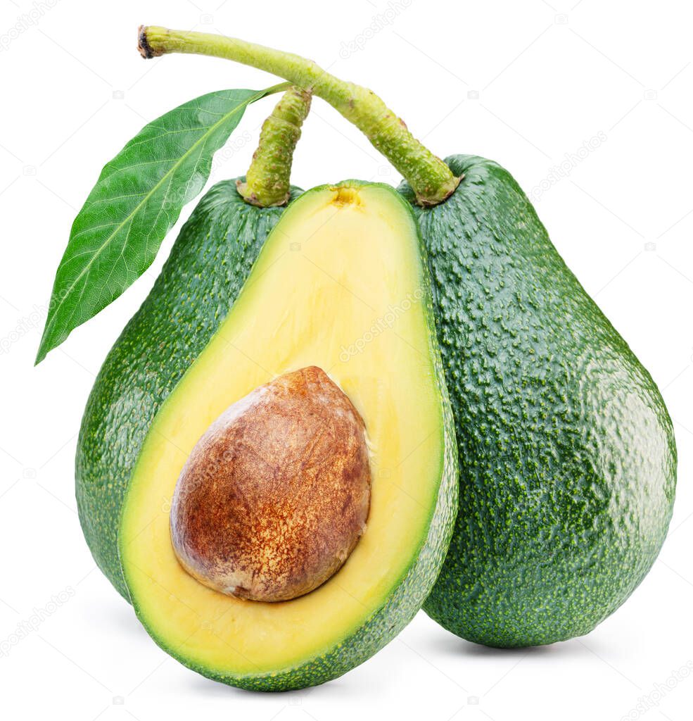 Two large avocados and cross cut of avocado with seed on white background. File contains clipping path.