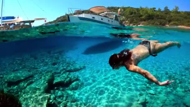 Slow Motion Half Underwater Video Border Air Water Girl Dives — Stockvideo