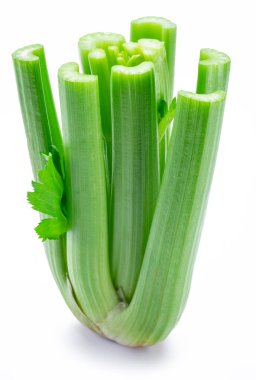 Beyaz arkaplanda izole edilmiş taze kereviz sapı.