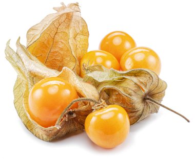 Beyaz arka planda izole edilmiş calyx cinsinden olgun bitki salatası ya da altın çilek..