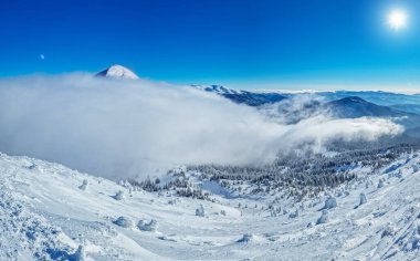 Dağlardaki güzel güneşli kış manzarası. Dağ ve köknar ağaçları karla ve bulutlarla kaplı.