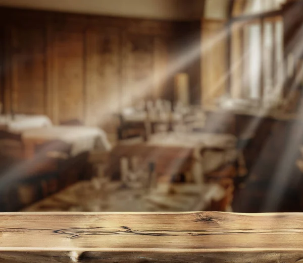 Old Wooden Table Top Blurred Rural Cafe Interior Background Empty — Stock Photo, Image