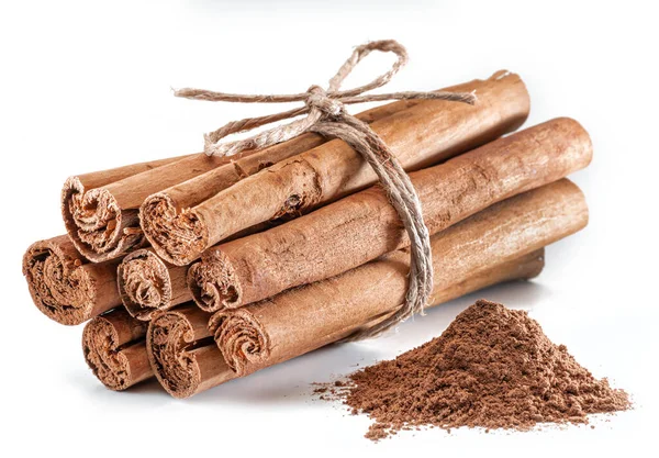 Kanel Torkade Bark Remsor Och Kanel Pulver Söt Lukt Brun — Stockfoto