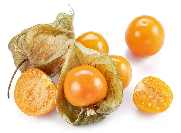 Físalis Madura Frutos Baya Dorada Cáliz Aislados Sobre Fondo Blanco — Foto de Stock