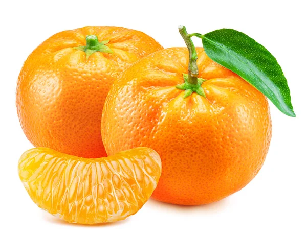 Ripe Tangerine Fruits Leaf Mandarin Slices White Background — Stok fotoğraf