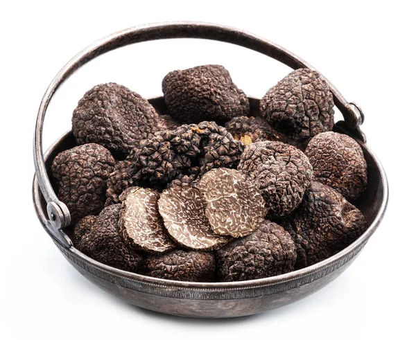 Black Winter Truffles Old Fashioned Tin Bowl Isolated White Background — Stockfoto