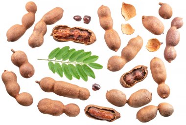 Beyaz arkaplanda izole edilmiş olgun demirhindi tohumları, yapraklar ve demirhindi tohumları..