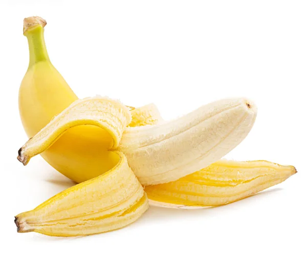 Αποφλοιωμένη Ώριμη Κίτρινη Μπανάνα Απομονωμένη Λευκό Φόντο — Φωτογραφία Αρχείου