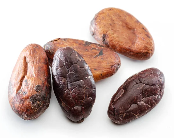 Kakaobönor Närbild Vit Bakgrund — Stockfoto
