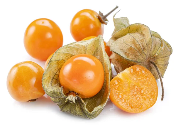 Ripe physalis or golden berry fruits in calyx isolated on white background.